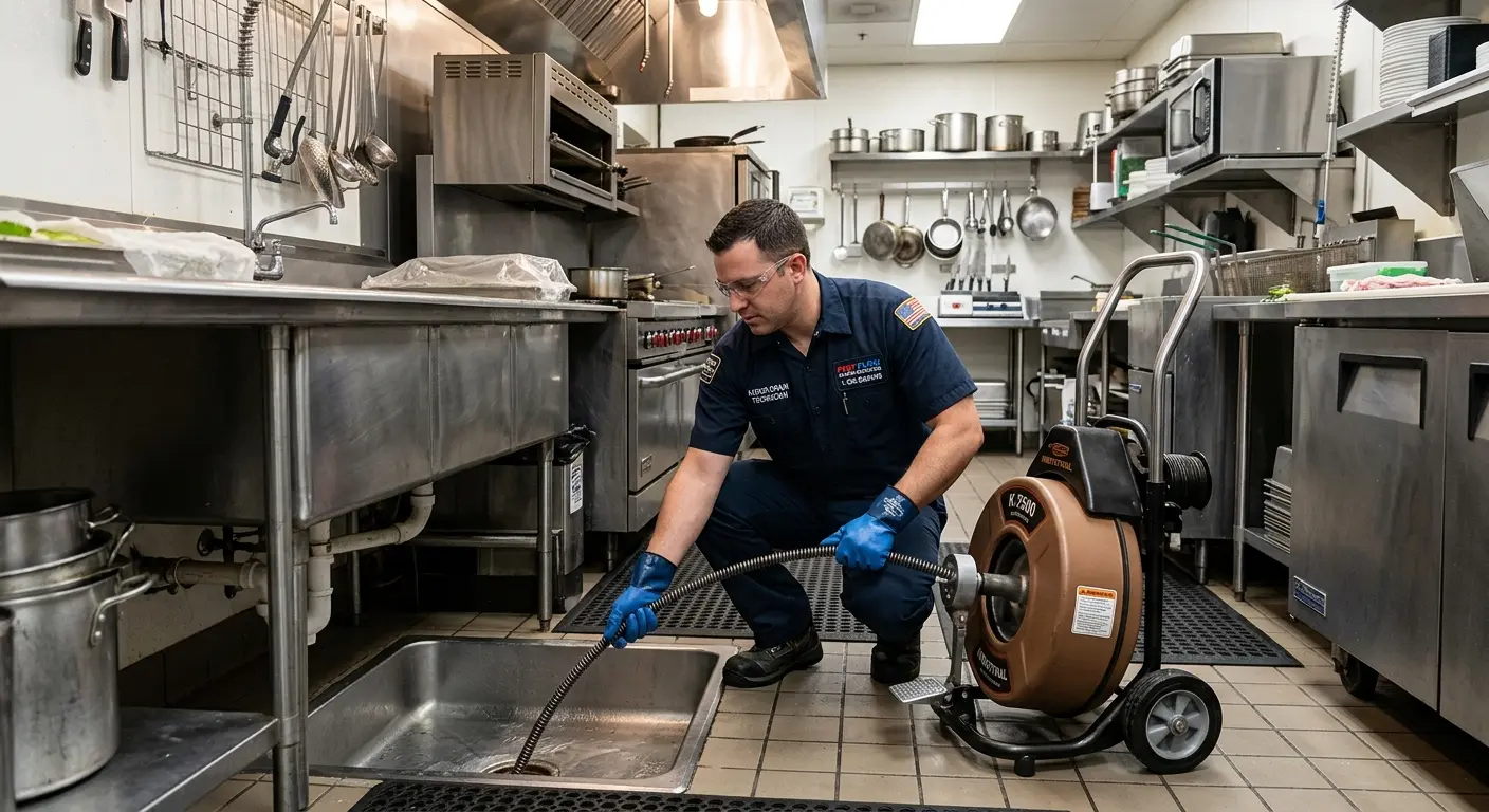 Commercial drain cleaning service in a restaurant kitchen in Grove