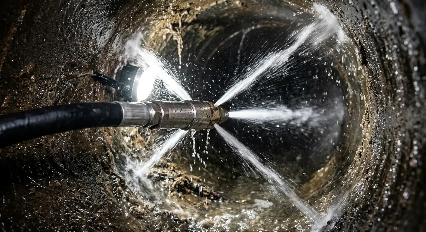 High-pressure hydro jetting nozzle cleaning sewer pipe for Sewer Cleanout in Grove