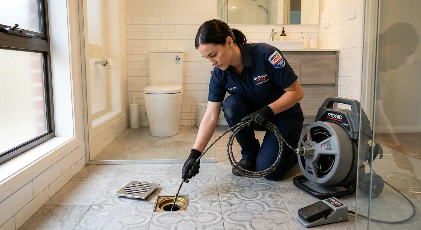 Technician clearing a bathroom floor drain for Hydro Jetting in Grove